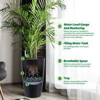 Garvee 22" Tall Round Planter Set of 2, Self Watering Pots for with Water Level Monitor and Built-In Drainage, Large Flower Pot for Patio, Porch, Living Room, or Home Office