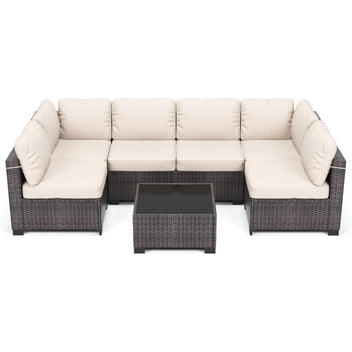 Garvee 7-Piece Outdoor Patio Sectional Sofa, All-Weather PE Wicker Conversation Set with Cushions & Glass Coffee Table for Patio, Porch, Garden, Poolside, Brown + Beige