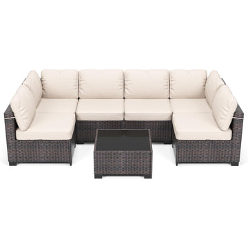 Garvee 7-Piece Outdoor Patio Sectional Sofa, All-Weather PE Wicker Conversation Set with Cushions & Glass Coffee Table for Patio, Porch, Garden, Poolside, Brown + Beige