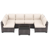 Garvee 7-Piece Outdoor Patio Sectional Sofa, All-Weather PE Wicker Conversation Set with Cushions & Glass Coffee Table for Patio, Porch, Garden, Poolside, Brown + Beige - Brown + Beige