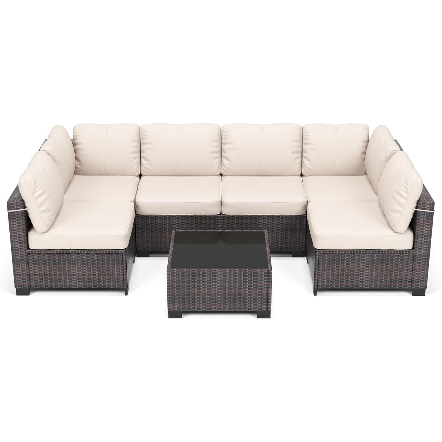 Garvee 7-Piece Outdoor Patio Sectional Sofa, All-Weather PE Wicker Conversation Set with Cushions & Glass Coffee Table for Patio, Porch, Garden, Poolside, Brown + Beige