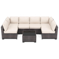 Garvee 7-Piece Outdoor Patio Sectional Sofa, All-Weather PE Wicker Conversation Set with Cushions & Glass Coffee Table for Patio, Porch, Garden, Poolside, Brown + Beige