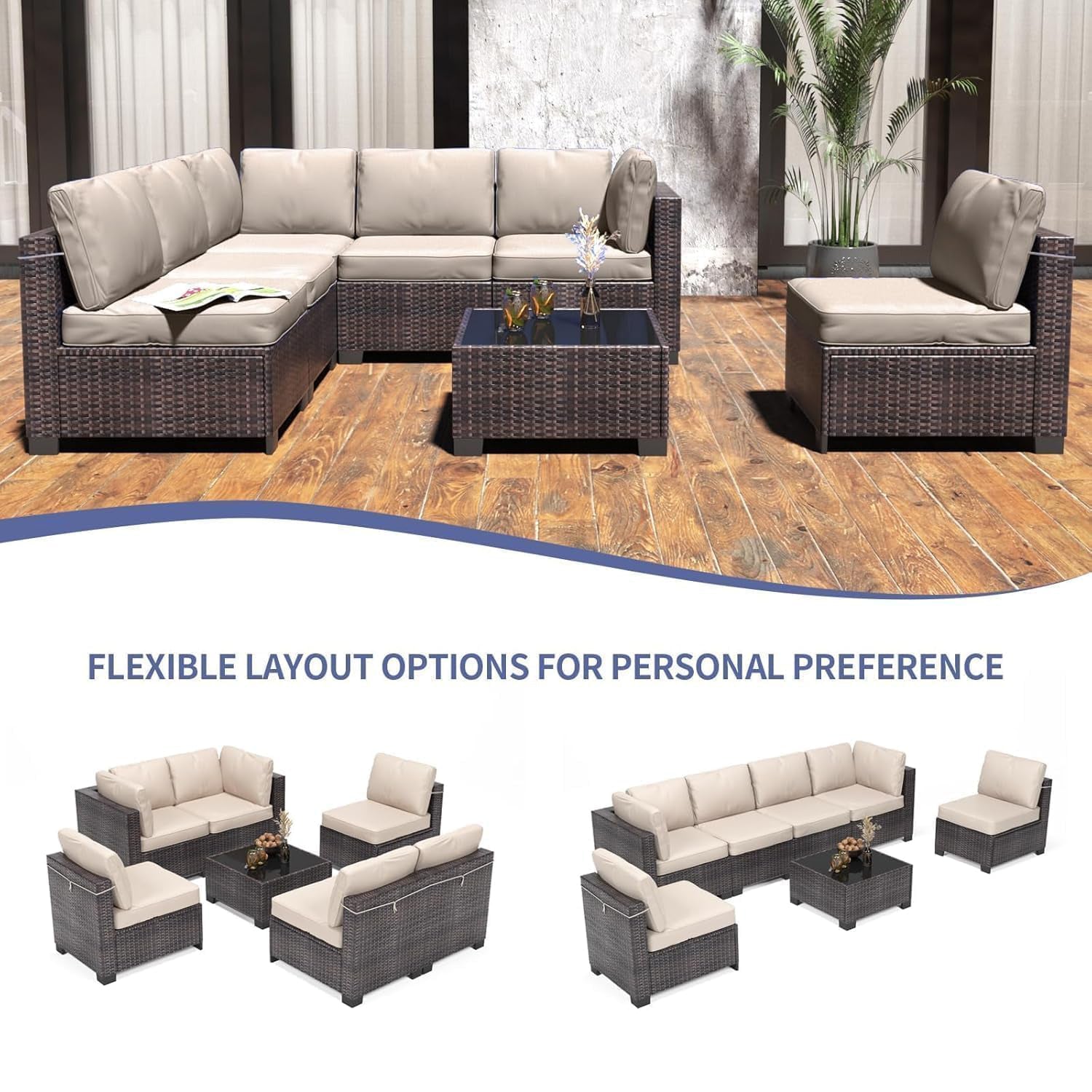 Garvee 7-Piece Outdoor Patio Sectional Sofa, All-Weather PE Wicker Conversation Set with Cushions & Glass Coffee Table for Patio, Porch, Garden, Poolside, Brown + Beige