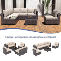 Garvee 7-Piece Outdoor Patio Sectional Sofa, All-Weather PE Wicker Conversation Set with Cushions & Glass Coffee Table for Patio, Porch, Garden, Poolside, Brown + Beige