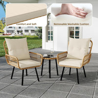 Garvee 3 Piece Outdoor Wicker Patio Bistro Set, Rattan Conversation Set with Glass Top Coffee Table and Cushioned Chairs, All-Weather Balcony Furniture Set for Poolside, Garden, Backyard, Beige