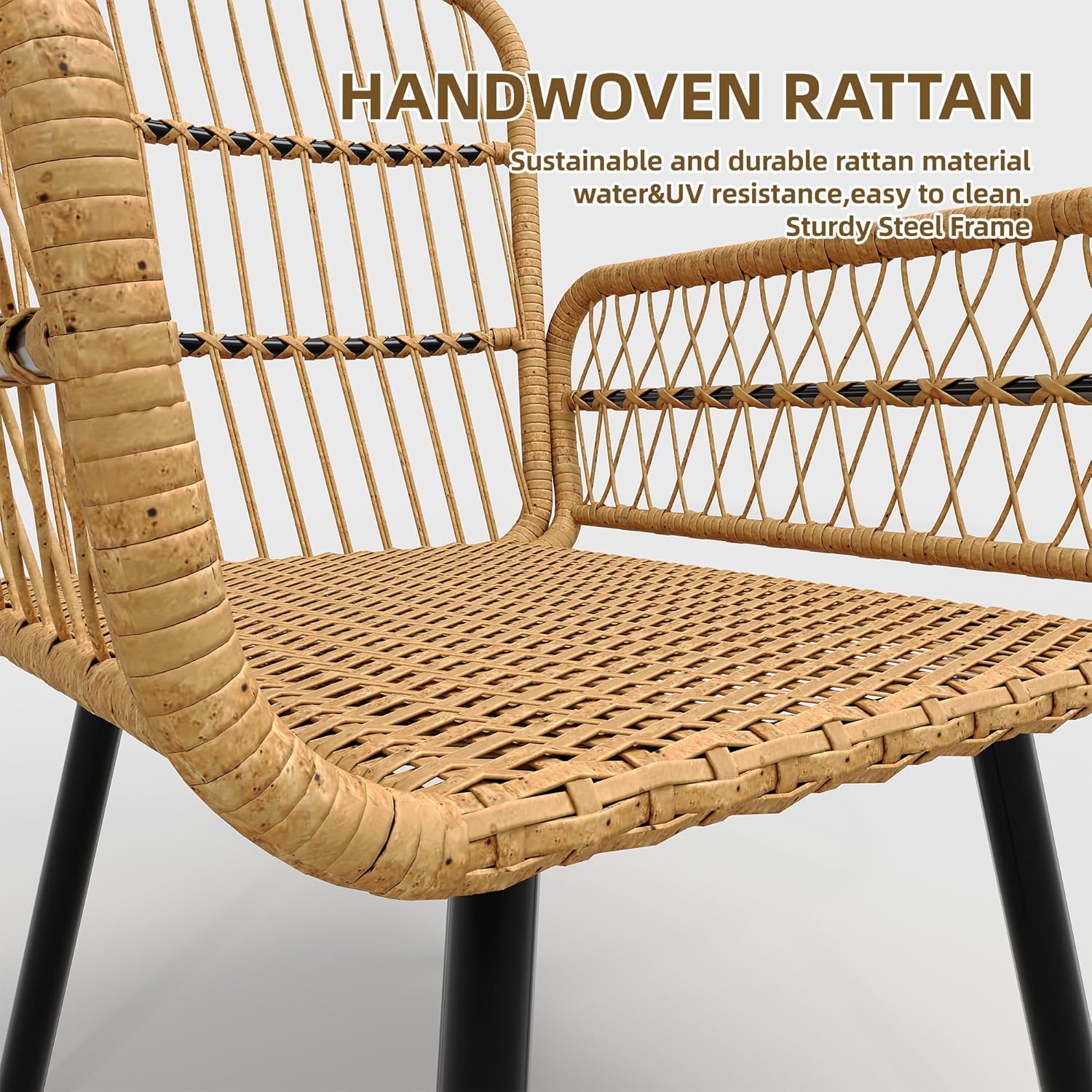 Garvee 3 Piece Outdoor Wicker Patio Bistro Set, Rattan Conversation Set with Glass Top Coffee Table and Cushioned Chairs, All-Weather Balcony Furniture Set for Poolside, Garden, Backyard, Beige