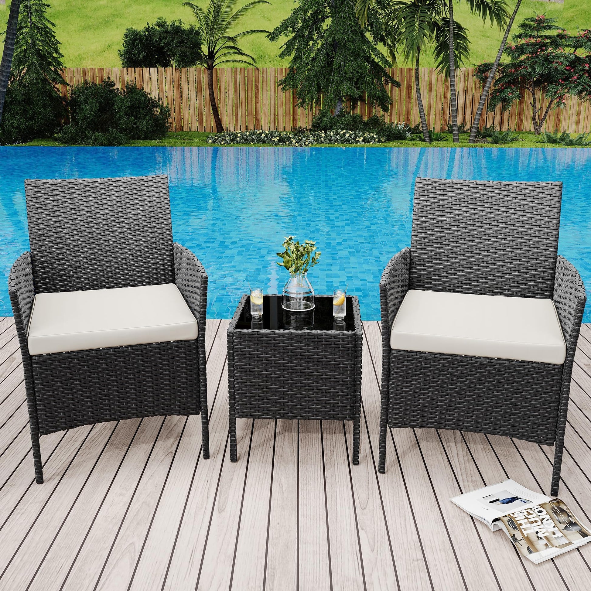 Garvee Patio Porch Furniture Sets 3 Pieces PE Rattan Wicker Chairs with Table Outdoor Garden Furniture Sets
