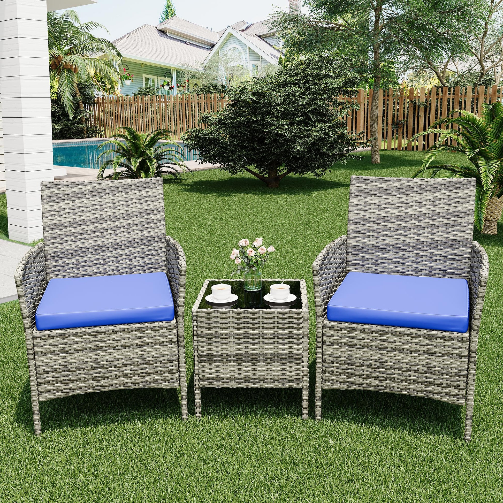 Garvee Patio Porch Furniture Sets 3 Pieces PE Rattan Wicker Chairs with Table Outdoor Garden Furniture Sets