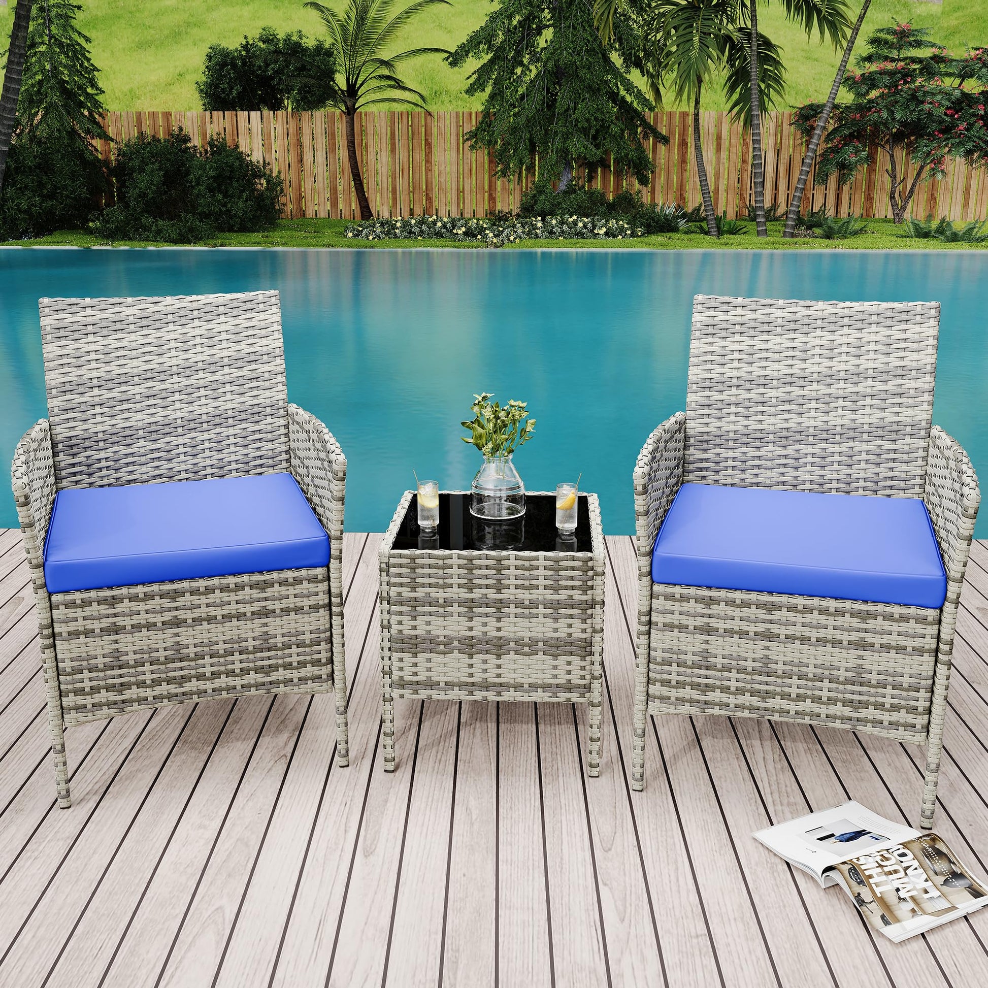 Garvee Patio Porch Furniture Sets 3 Pieces PE Rattan Wicker Chairs with Table Outdoor Garden Furniture Sets