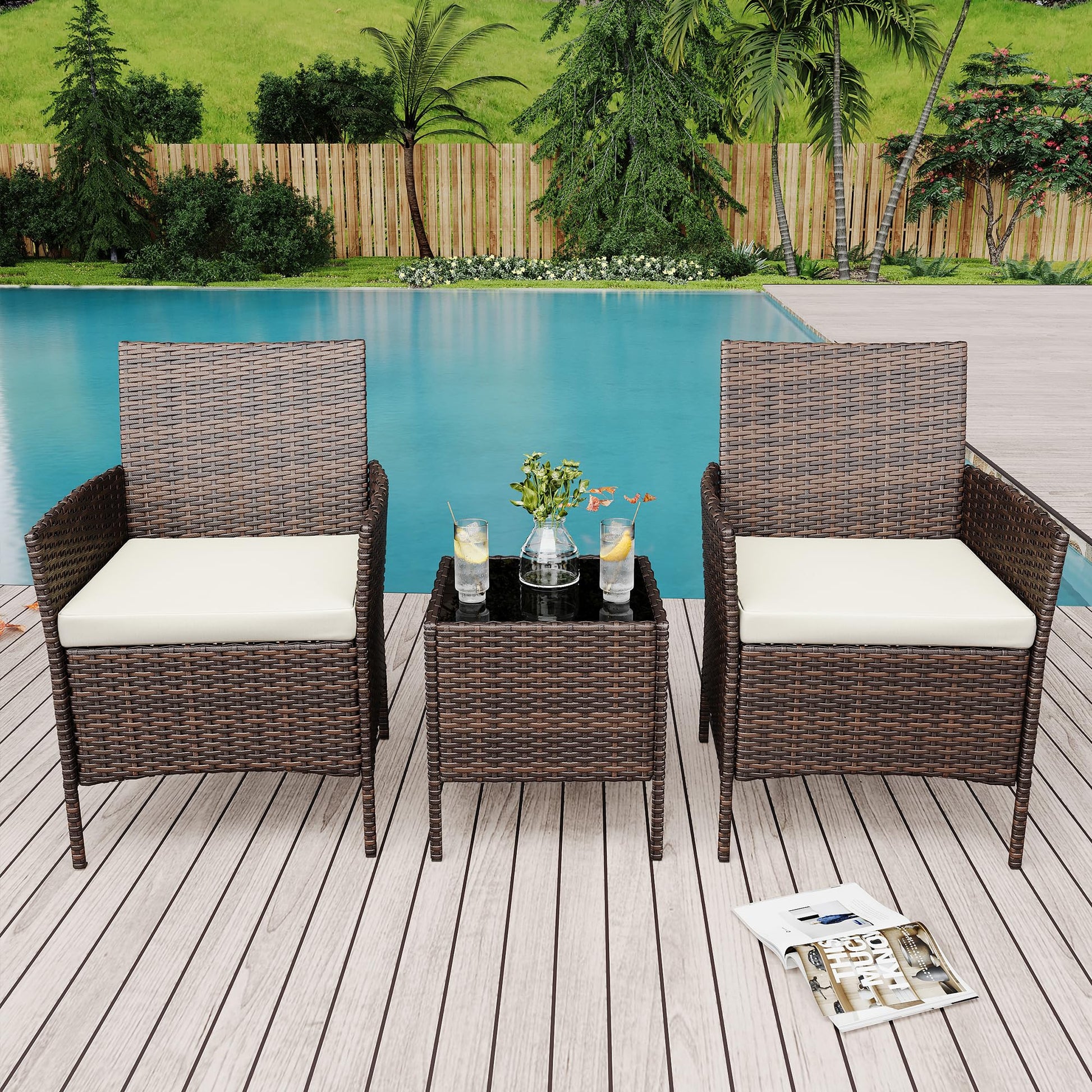 Garvee Patio Porch Furniture Sets 3 Pieces PE Rattan Wicker Chairs with Table Outdoor Garden Furniture Sets