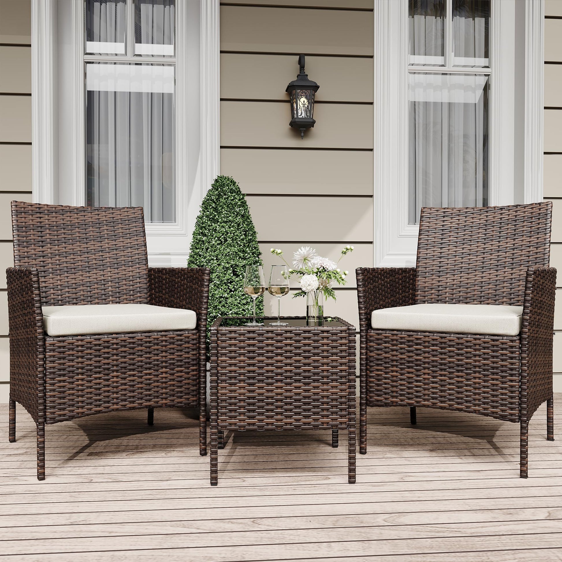 Garvee Patio Porch Furniture Sets 3 Pieces PE Rattan Wicker Chairs with Table Outdoor Garden Furniture Sets