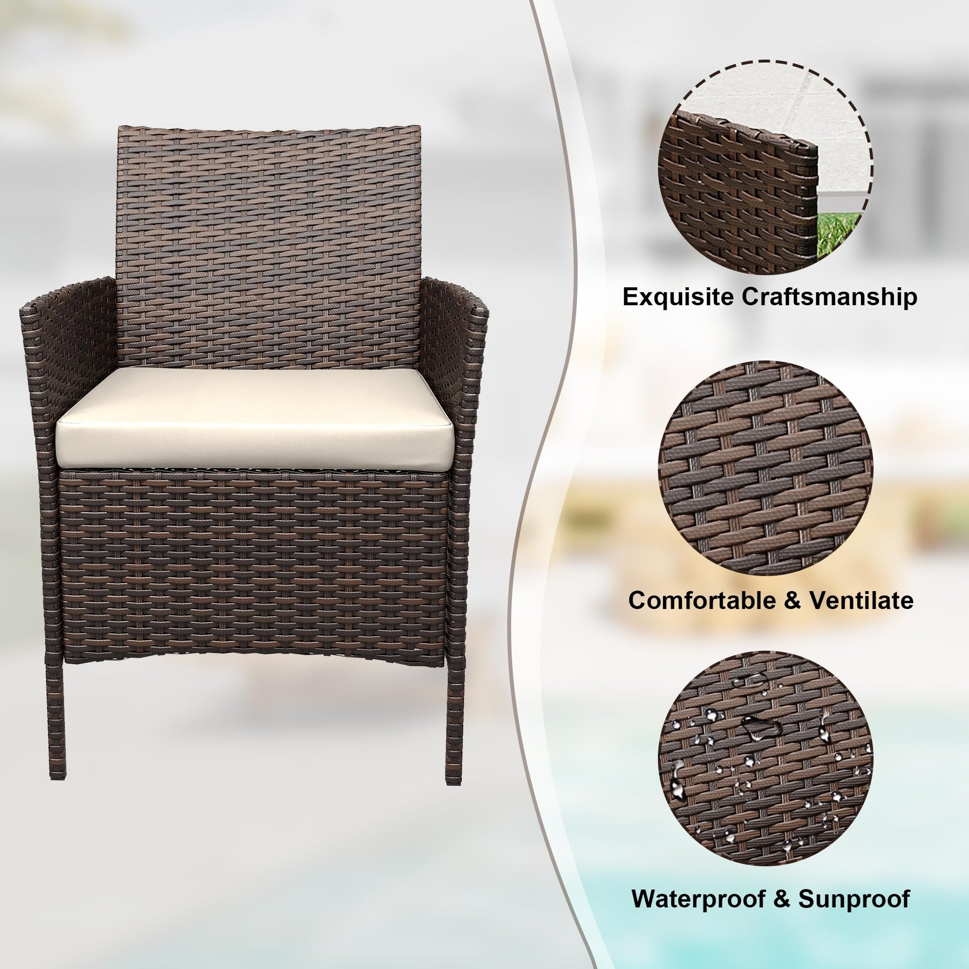 Garvee Patio Porch Furniture Sets 3 Pieces PE Rattan Wicker Chairs with Table Outdoor Garden Furniture Sets