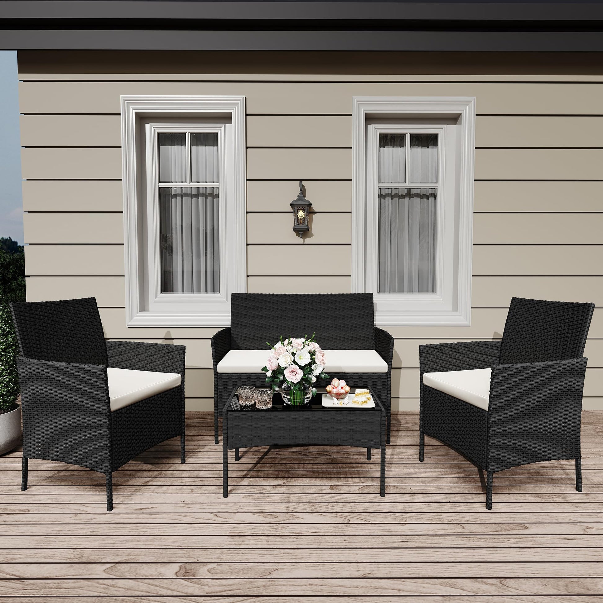 Garvee 4-Piece Rattan Patio Conversation Set, Black Wicker Outdoor Sofa Set with Cream Cushions & Glass Table