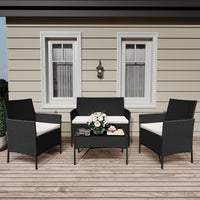 Garvee 4-Piece Rattan Patio Conversation Set, Black Wicker Outdoor Sofa Set with Cream Cushions & Glass Table