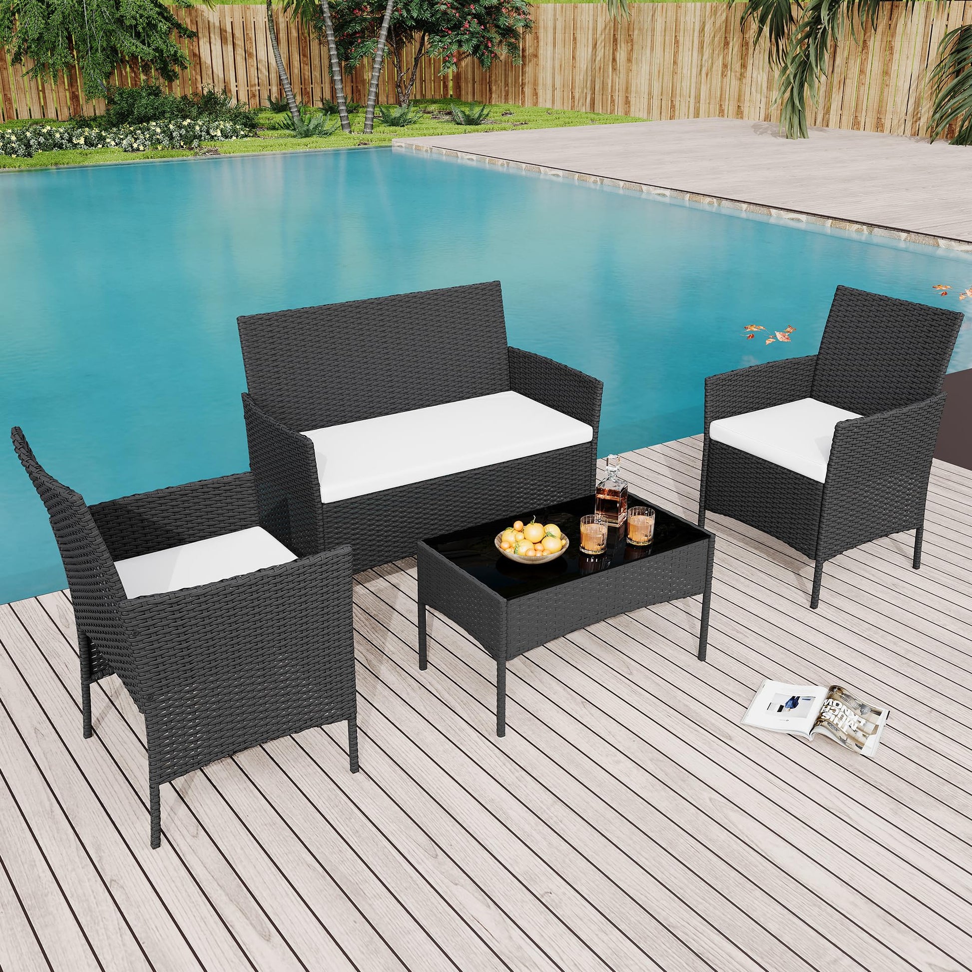Garvee 4-Piece Rattan Patio Conversation Set, Black Wicker Outdoor Sofa Set with Cream Cushions & Glass Table