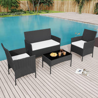Garvee 4-Piece Rattan Patio Conversation Set, Black Wicker Outdoor Sofa Set with Cream Cushions & Glass Table