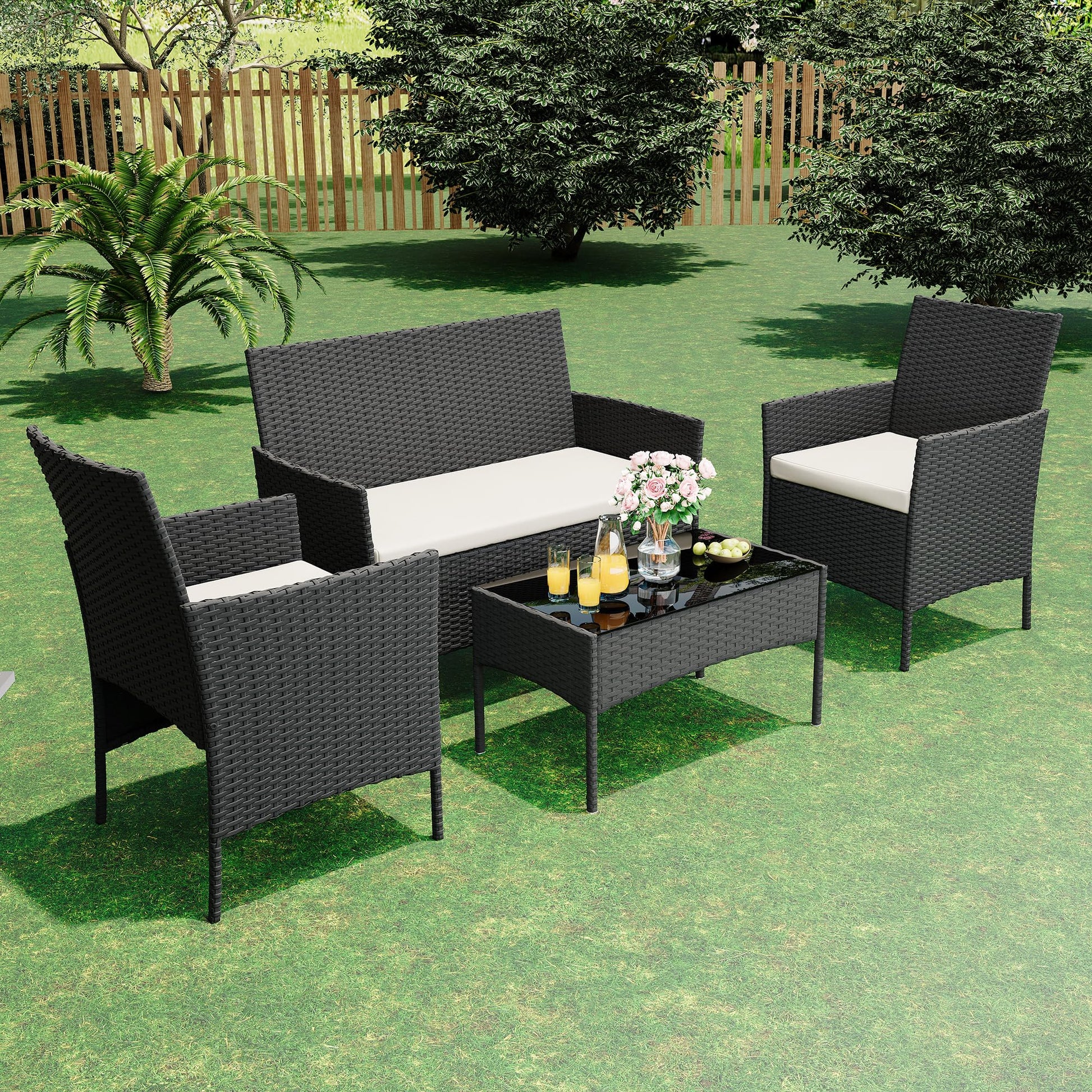 Garvee 4-Piece Rattan Patio Conversation Set, Black Wicker Outdoor Sofa Set with Cream Cushions & Glass Table
