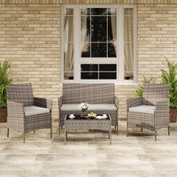 Garvee 4-Piece Rattan Patio Conversation Set, Gray Wicker Outdoor Sofa Set with Light Gray Cushions & Glass Table