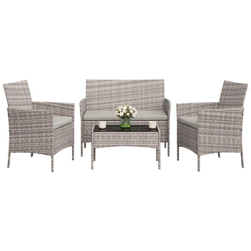 Garvee 4-Piece Rattan Patio Conversation Set, Gray Wicker Outdoor Sofa Set with Light Gray Cushions & Glass Table