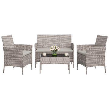 Garvee 4-Piece Rattan Patio Conversation Set, Gray Wicker Outdoor Sofa Set with Light Gray Cushions & Glass Table