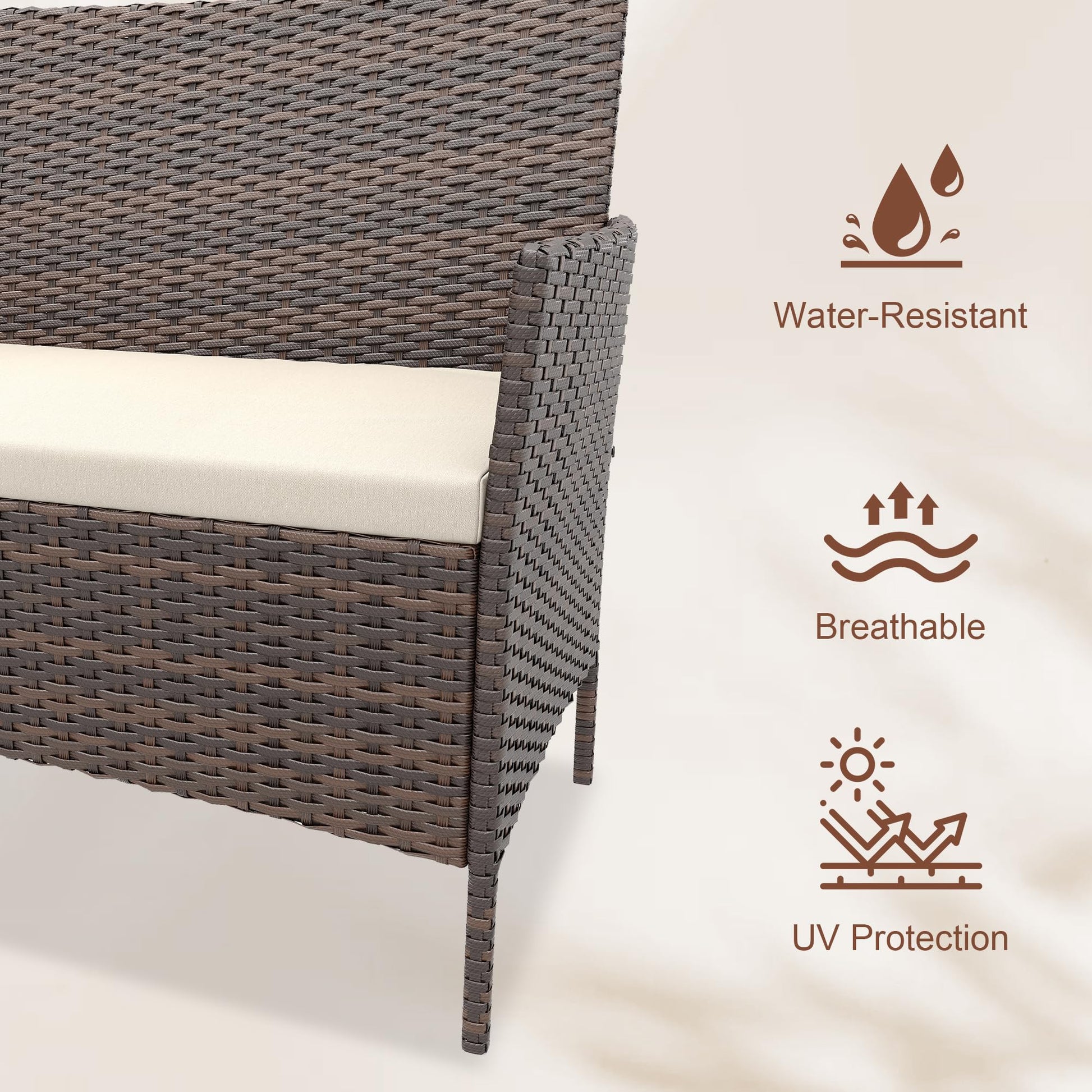 Garvee 4-Piece Rattan Patio Conversation Set, Brown Wicker Outdoor Sofa Set with Cream Cushions & Glass Table