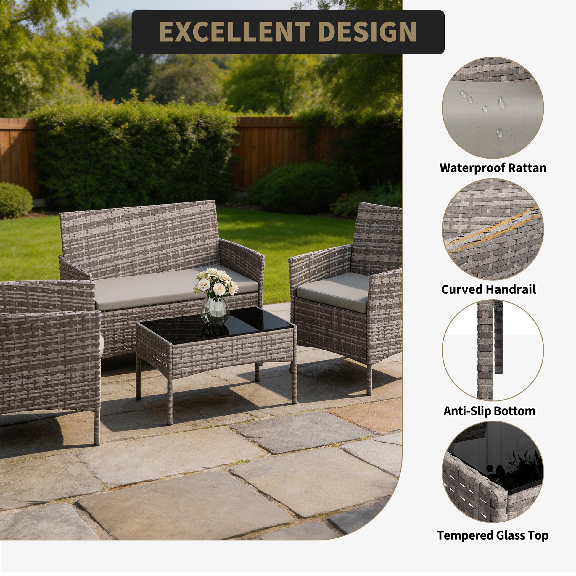 Garvee 4-Piece Rattan Patio Conversation Set, Brown Wicker Outdoor Sofa Set with Cream Cushions & Glass Table
