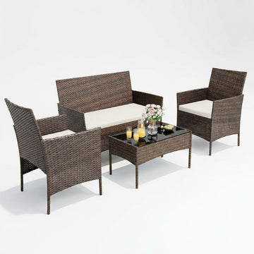 Garvee 4-Piece Rattan Patio Conversation Set, Brown Wicker Outdoor Sofa Set with Cream Cushions & Glass Table