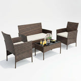 Garvee 4-Piece Rattan Patio Conversation Set, Brown Wicker Outdoor Sofa Set with Cream Cushions & Glass Table - Brown / Creamy White