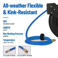 Garvee Retractable Air Hose Reel 3/8"x25ft Hybrid Hose Auto Rewind 180° Mount Steel Workshop Garage