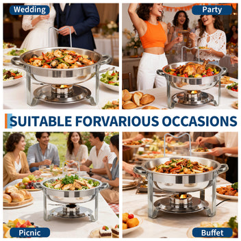 Garvee 6-Pack Chafing Dishes Buffet Set, 5 QT Stainless Steel Round Servers with Glass Lids, Holders & Drip Trays for Catering, Parties, Weddings & Banquets, Silver