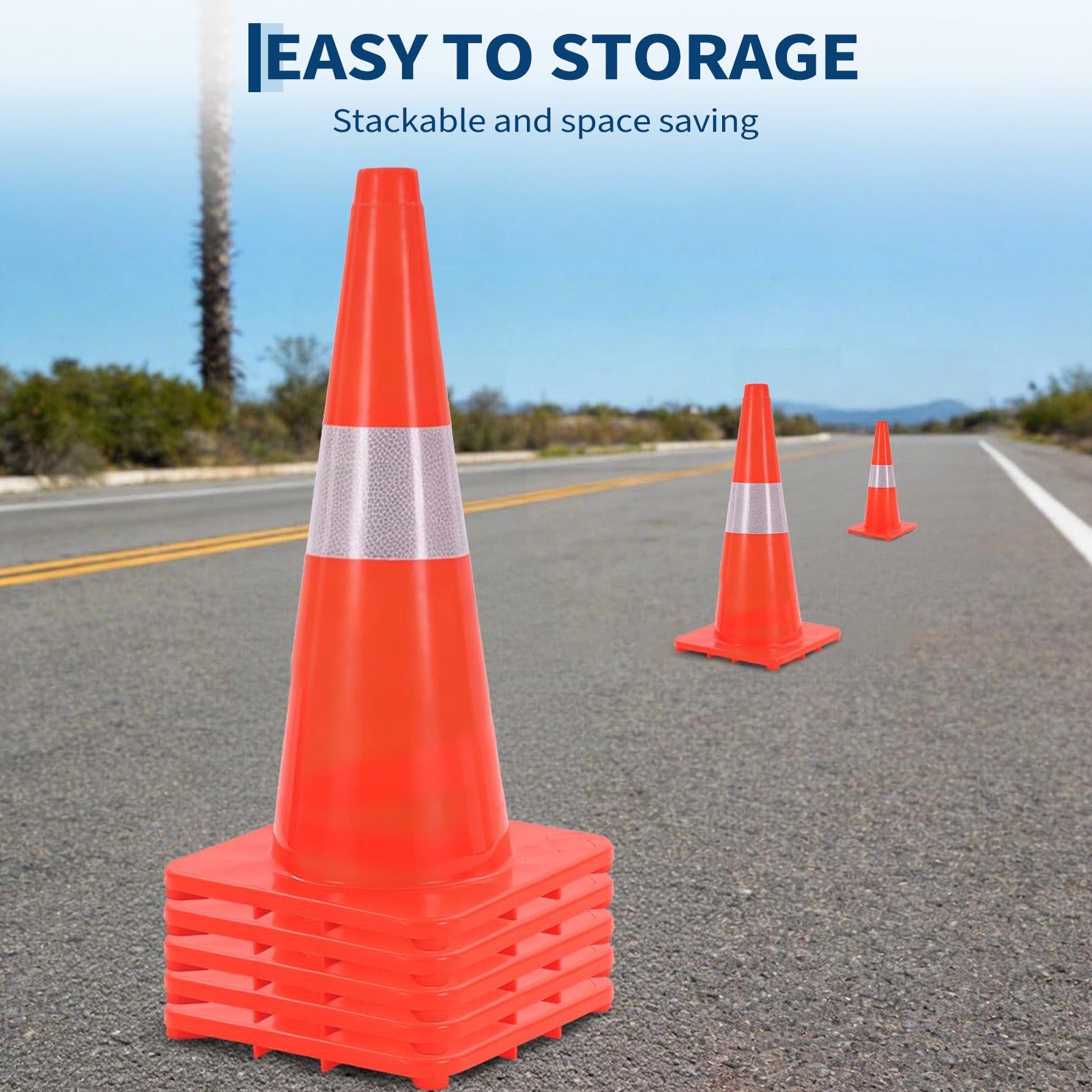 Garvee 18 in Traffic Cones, 6 Pack with Reflective Collars and PVC Base, Stackable Foldable Road Safety Cones for Parking, Construction, Sports Training, Event Control, Orange