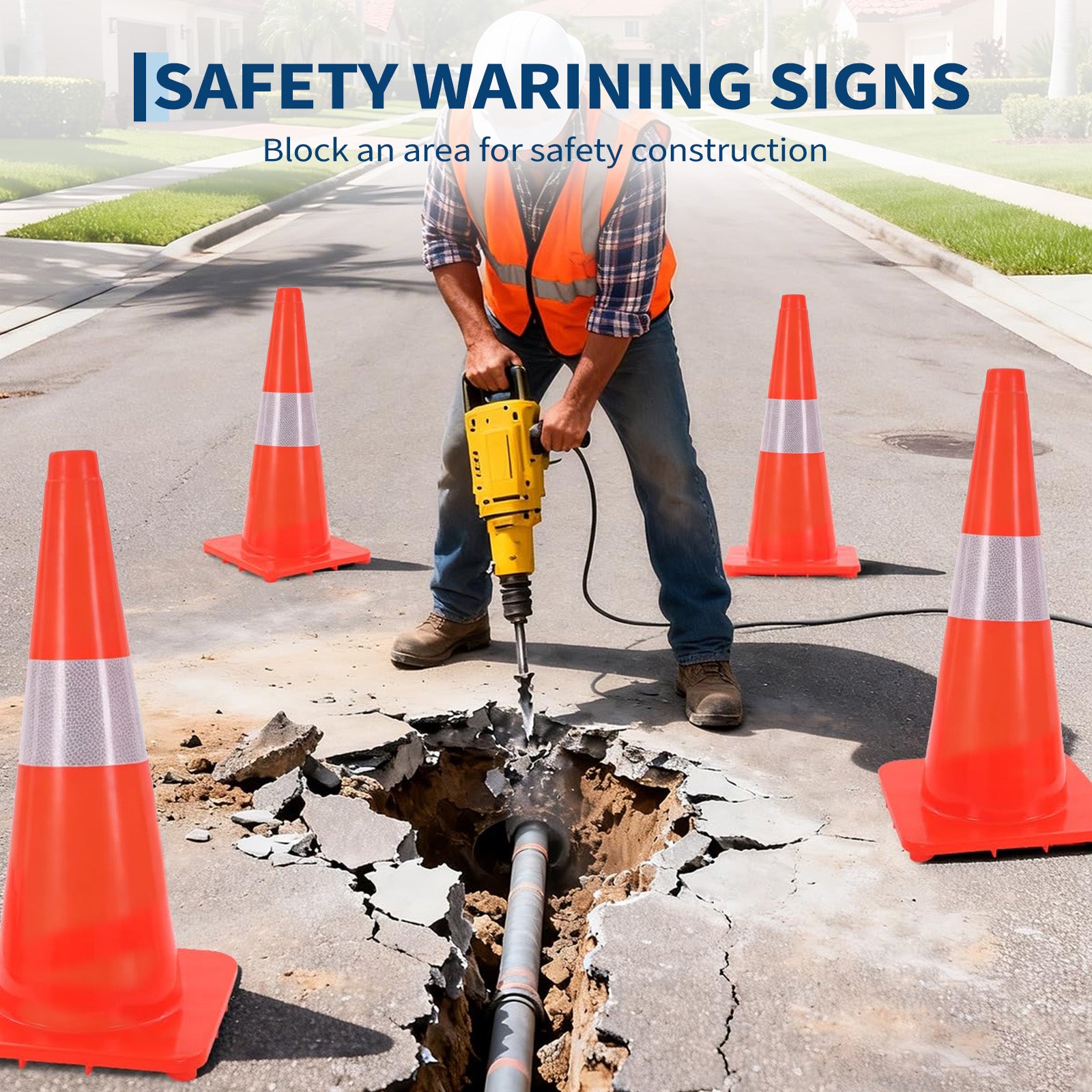 Garvee 18 in Traffic Cones, 6 Pack with Reflective Collars and PVC Base, Stackable Foldable Road Safety Cones for Parking, Construction, Sports Training, Event Control, Orange