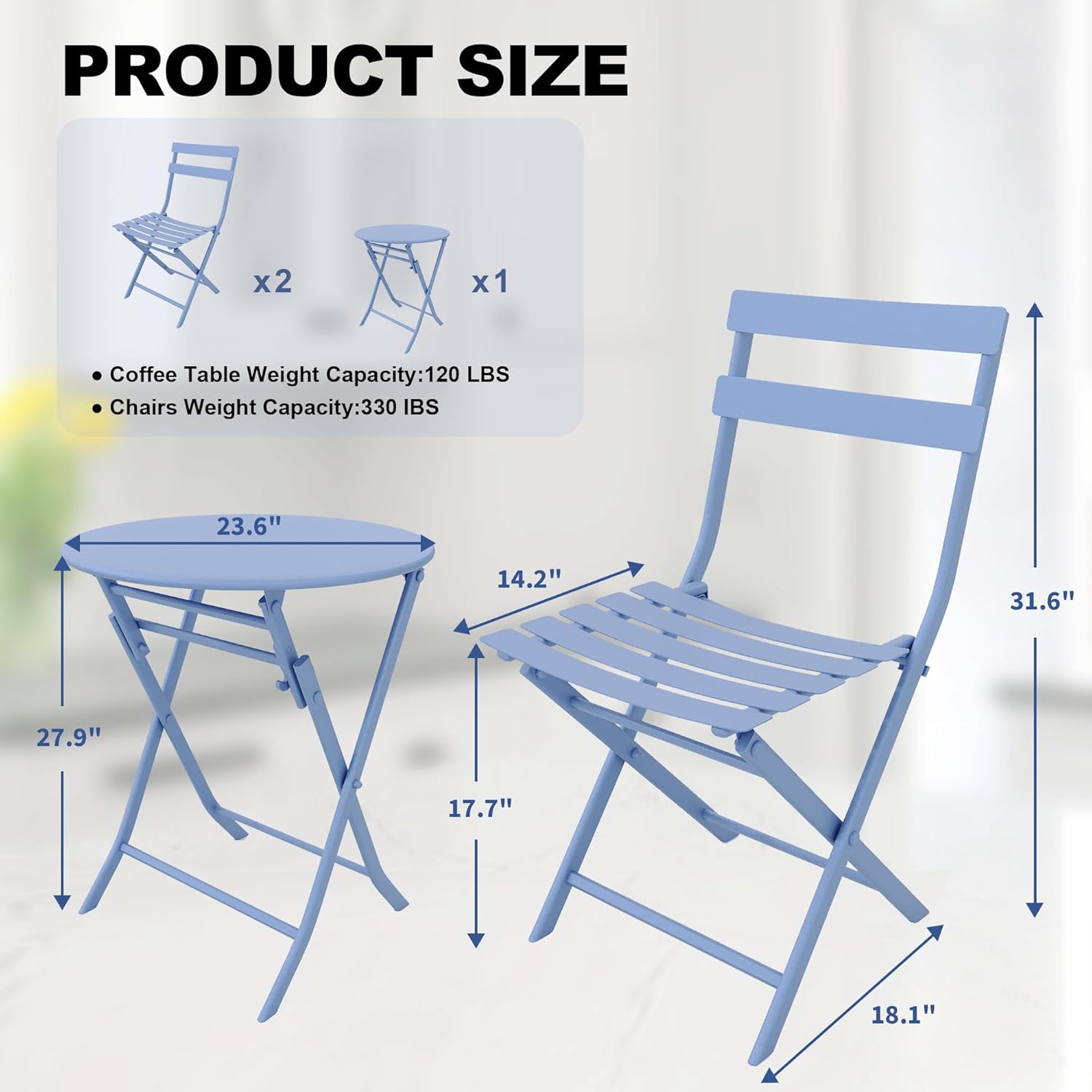Garvee Outdoor 3 Pieces Patio Bistro Set, Waterproof Folding Coffee Table and Chairs Sets, Blue