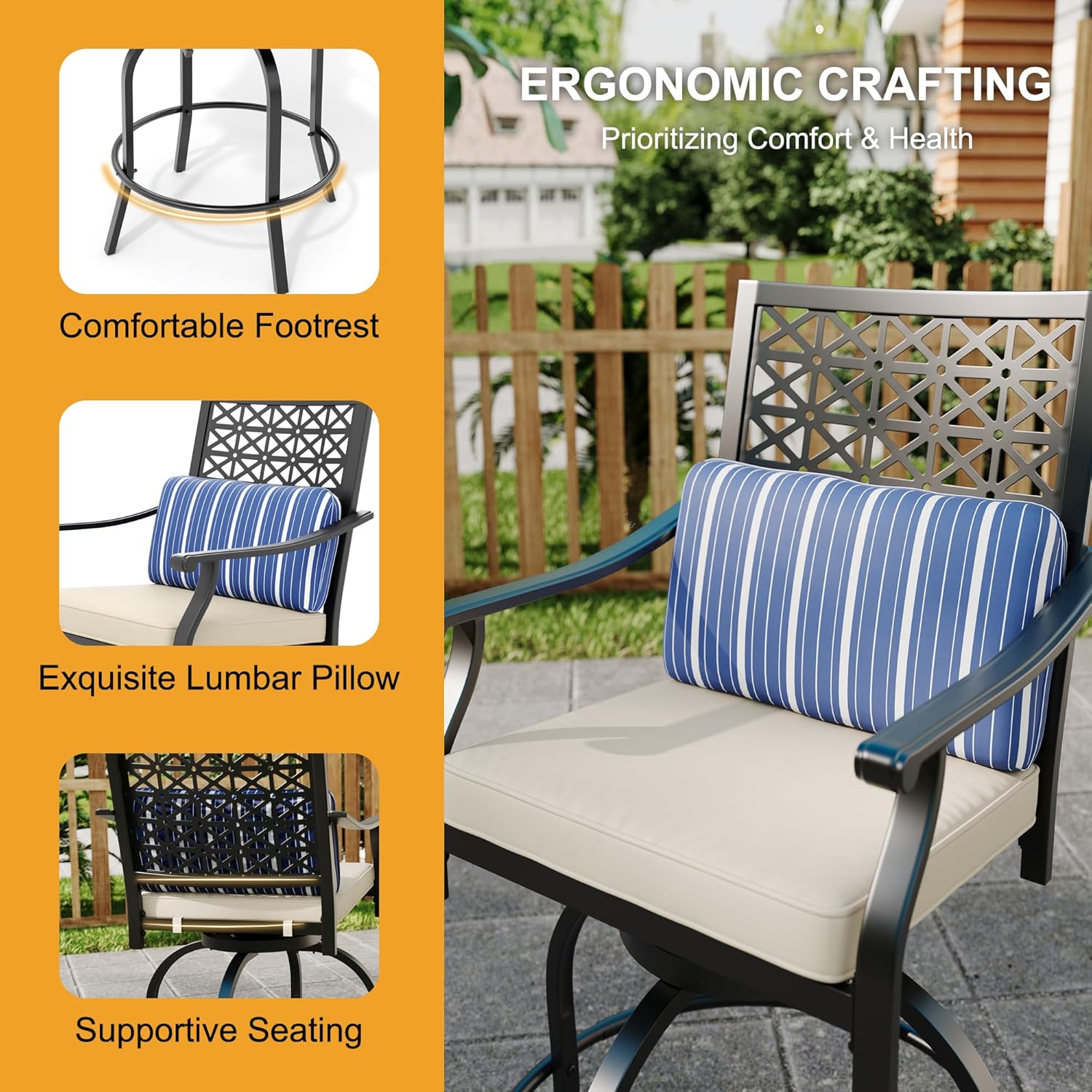Garvee Outdoor High Swivel Bar Stools, Bar Height Patio Chairs with Cushions, Tall Counter Height Swivel Chairs for Outdoor Use