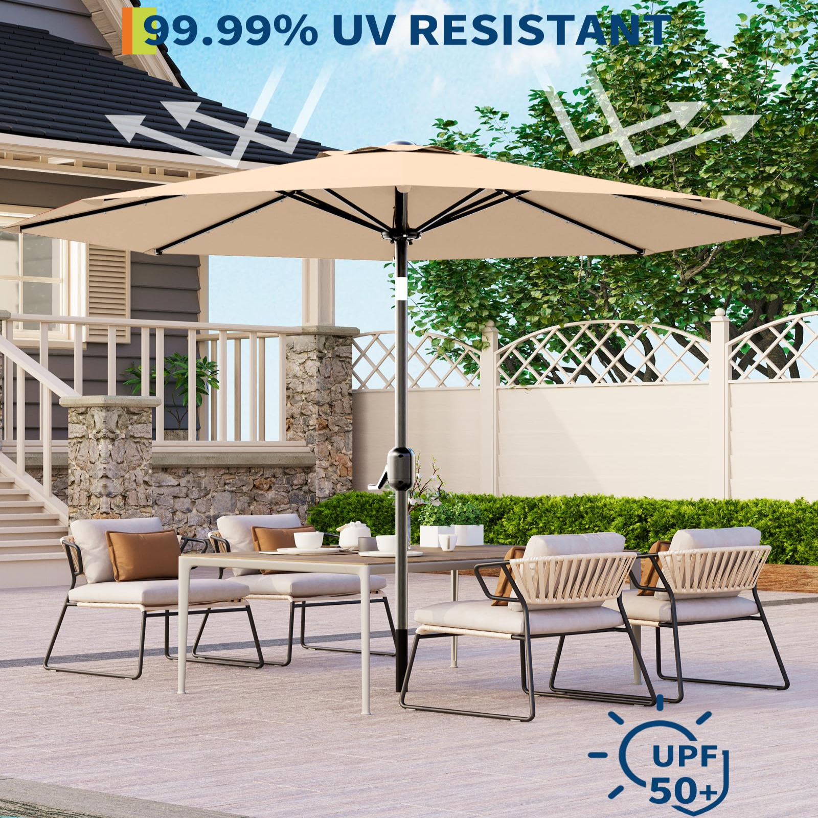 Garvee 10 ft Solar Patio Umbrella, 40 LED Outdoor Market Umbrella with Crank Lift, Push-Button Tilt, 8 Steel Ribs & Vented Canopy, Tan
