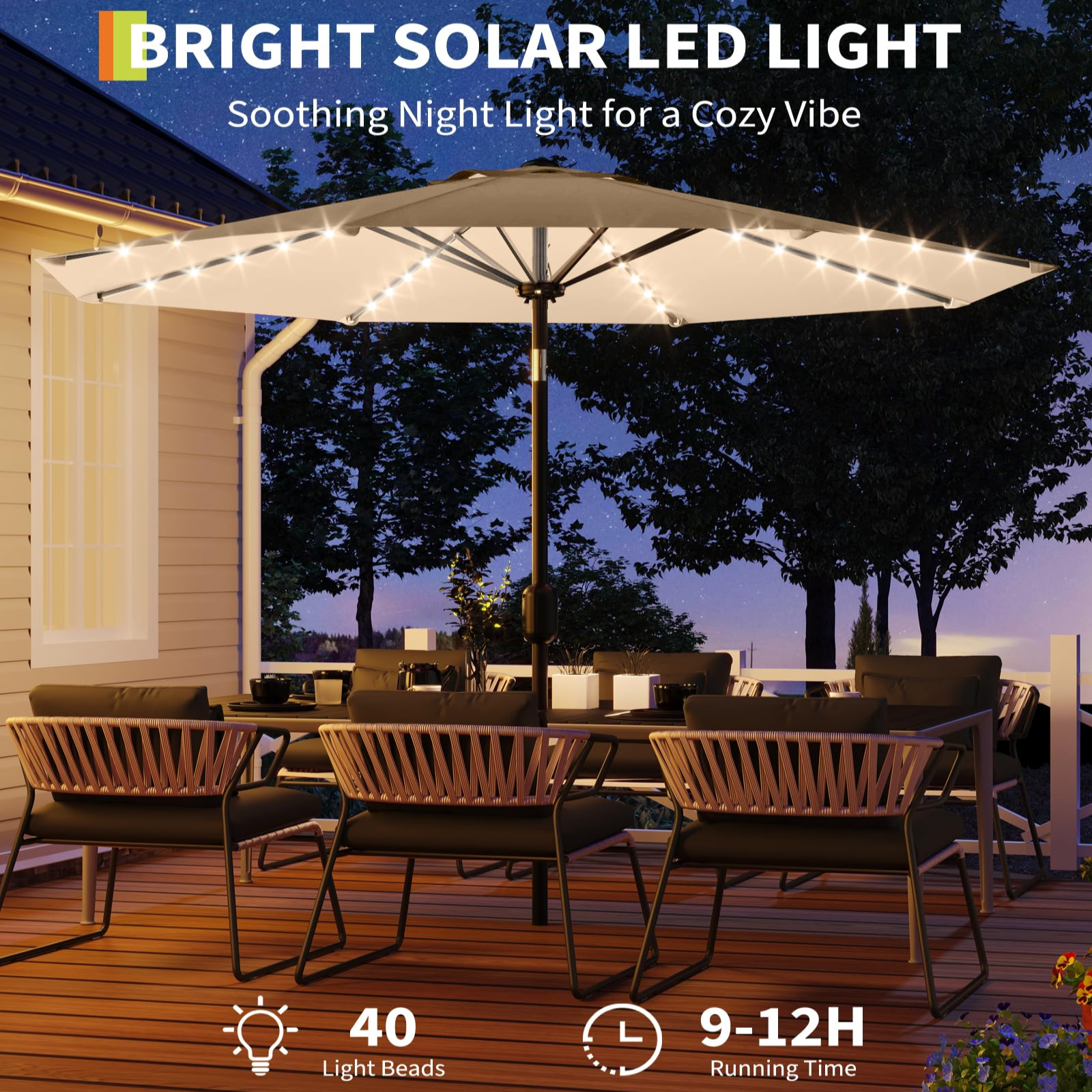 Garvee 10 ft Solar Patio Umbrella, 40 LED Outdoor Market Umbrella with Crank Lift, Push-Button Tilt, 8 Steel Ribs & Vented Canopy, Tan