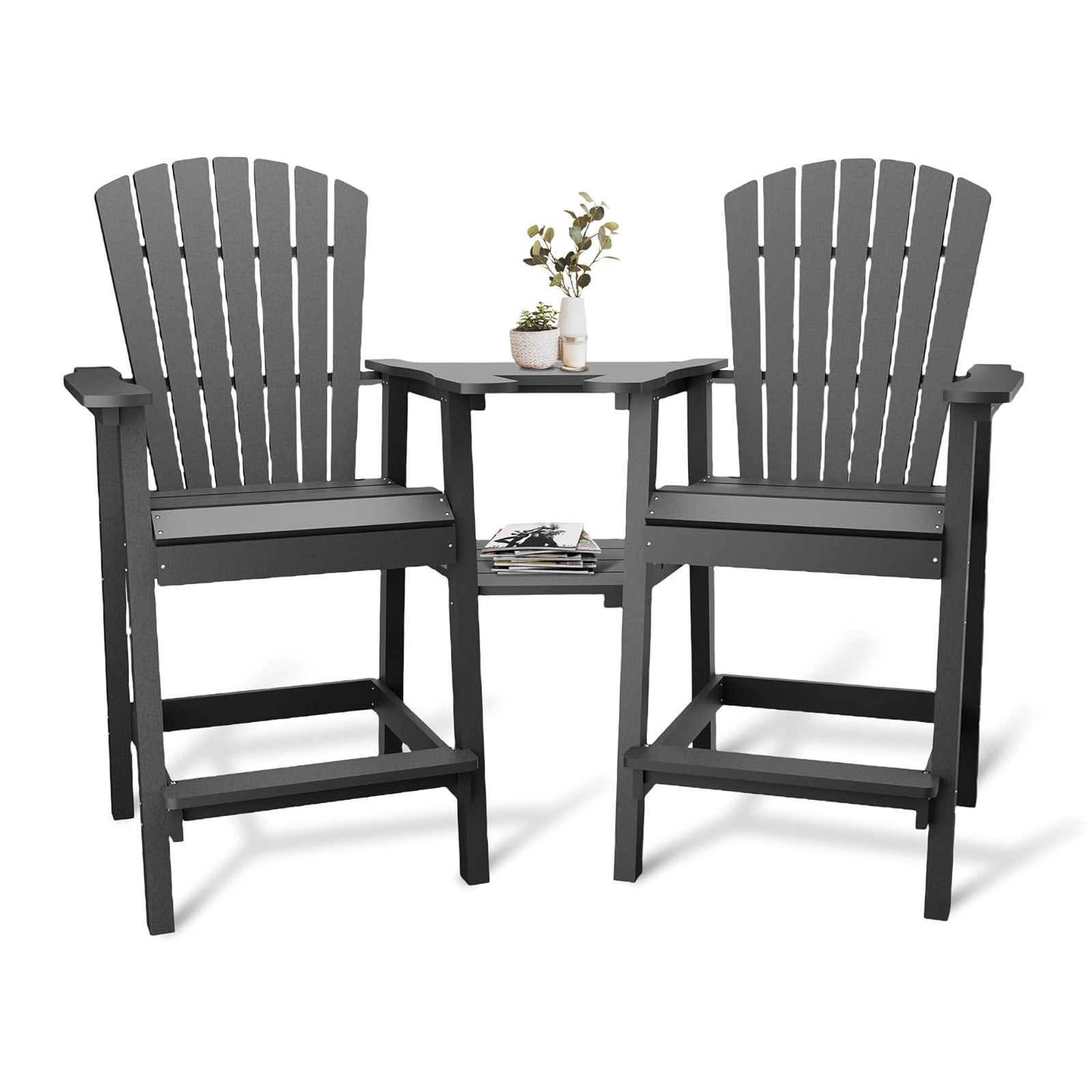 Garvee Outdoor Adirondack Bar Stools Set of 2, HDPE Bar Height Patio Chairs with Connecting Drink Tray, 2" Umbrella Hole & Footrest for Poolside, Deck, Garden, Gray