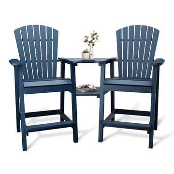 Garvee Outdoor Adirondack Bar Stools Set of 2, HDPE Bar Height Patio Chairs with Connecting Drink Tray, 2" Umbrella Hole & Footrest for Poolside, Deck, Garden, Navy Blue