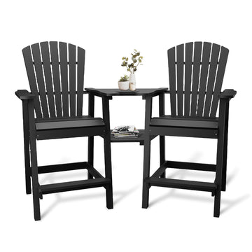 Garvee Outdoor Adirondack Bar Stools Set of 2, HDPE Bar Height Patio Chairs with Connecting Drink Tray, 2" Umbrella Hole & Footrest for Poolside, Deck, Garden, Black