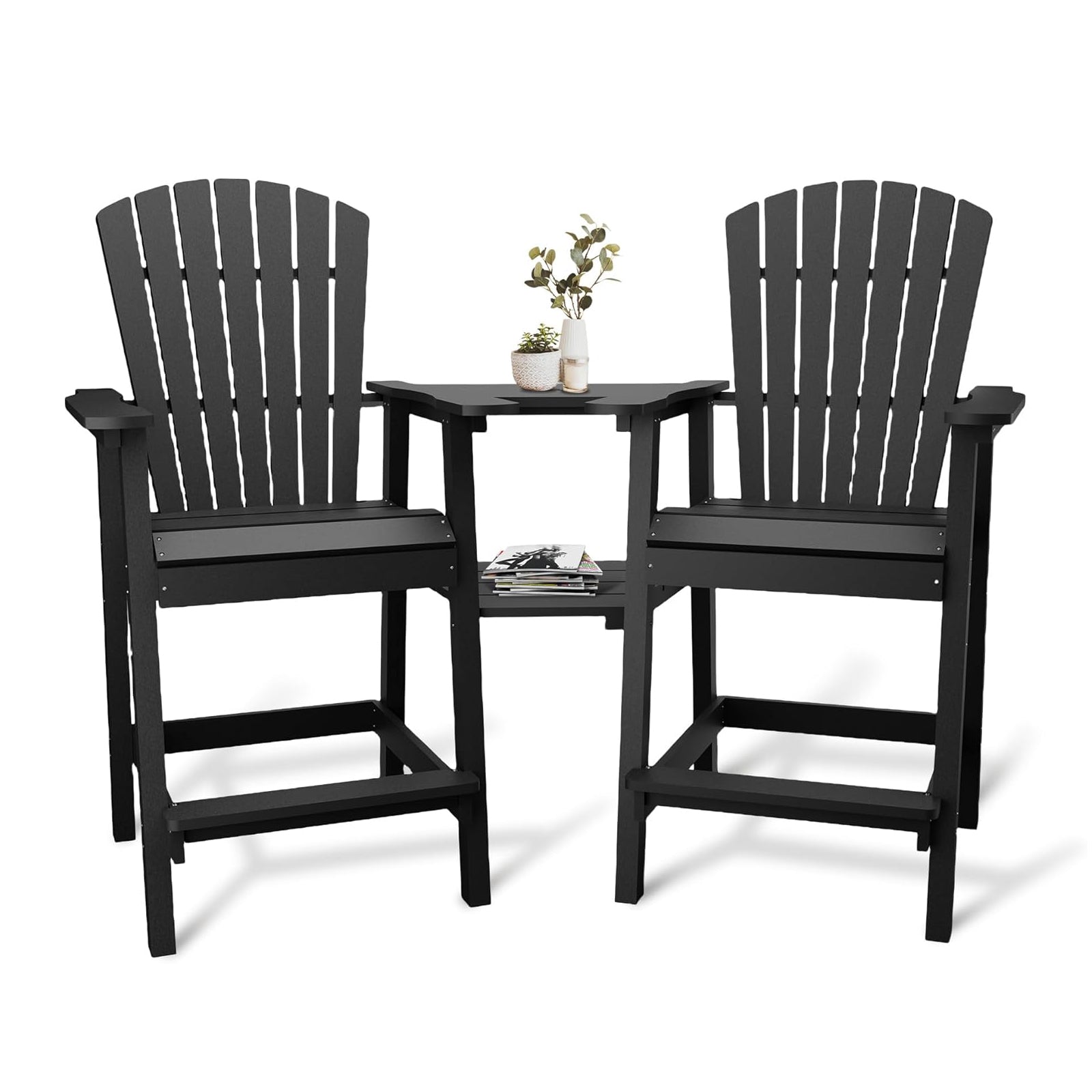 Garvee Outdoor Adirondack Bar Stools Set of 2, HDPE Bar Height Patio Chairs with Connecting Drink Tray, 2" Umbrella Hole & Footrest for Poolside, Deck, Garden, Black