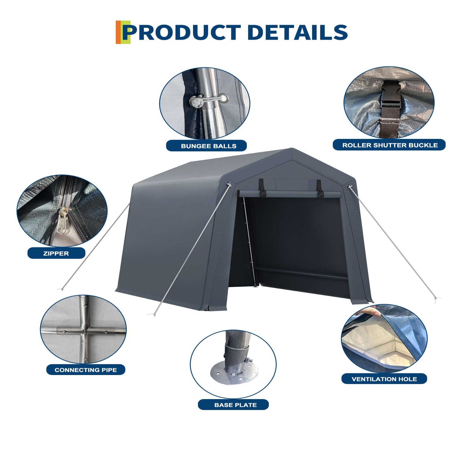 Garvee Portable Outdoor Storage Shed 6x8 FT with Dual Zipper Doors & Vents, 240G Waterproof PE Tarp, Heavy-Duty Steel Frame, UV-Resistant Gray, Carport for Motorcycle & Tools