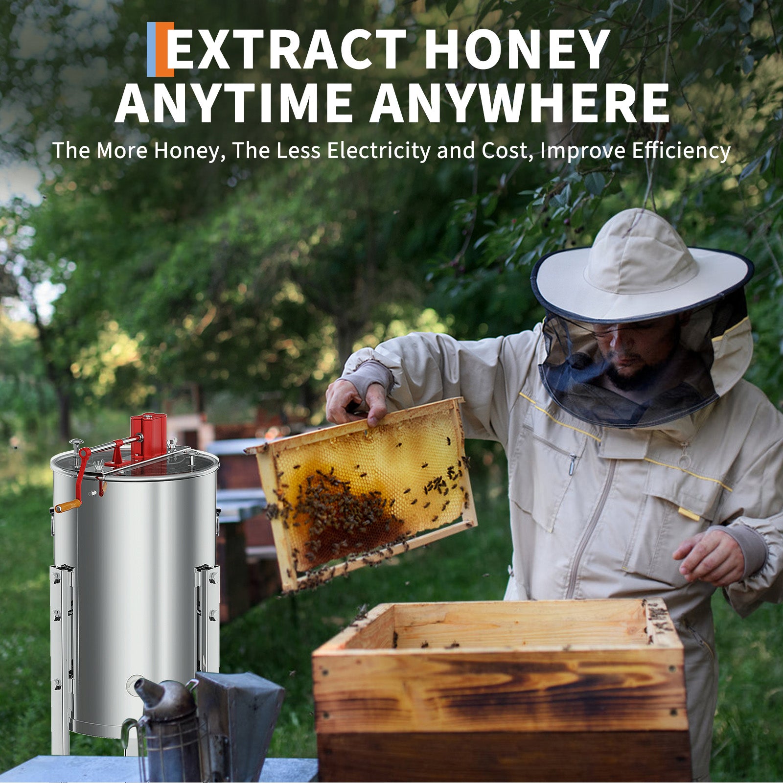Garvee Upgraded 3 Frame Manual Honey Extractor with Side Handles, Food-Grade Stainless Steel Beekeeping Extractor with Adjustable Stand and Transparent Lid
