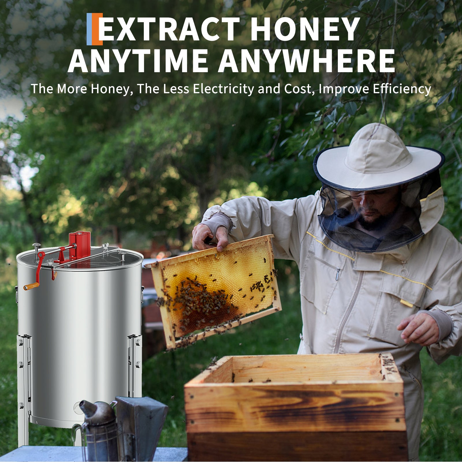 Garvee Upgraded Manual 4/8 Frame Honey Extractor with Side Handles, Food-Grade Stainless Steel Beekeeping Extractor with Adjustable Stand and Clear Lid
