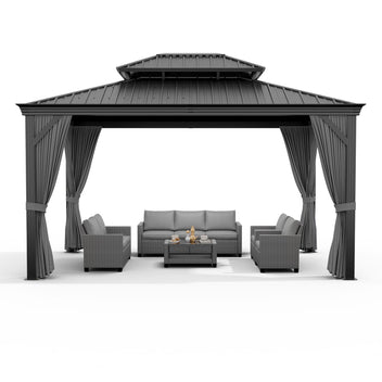 Garvee 12' x 18' Hardtop Gazebo, Double Roof Metal Gazebo with Curtains & Netting, Heavy-Duty Steel Frame Outdoor Pavilion for Patio, Deck, Backyard & Lawn, Gray
