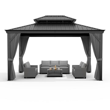Garvee 12' x 18' Hardtop Gazebo, Double Roof Metal Gazebo with Curtains & Netting, Heavy-Duty Steel Frame Outdoor Pavilion for Patio, Deck, Backyard & Lawn, Gray