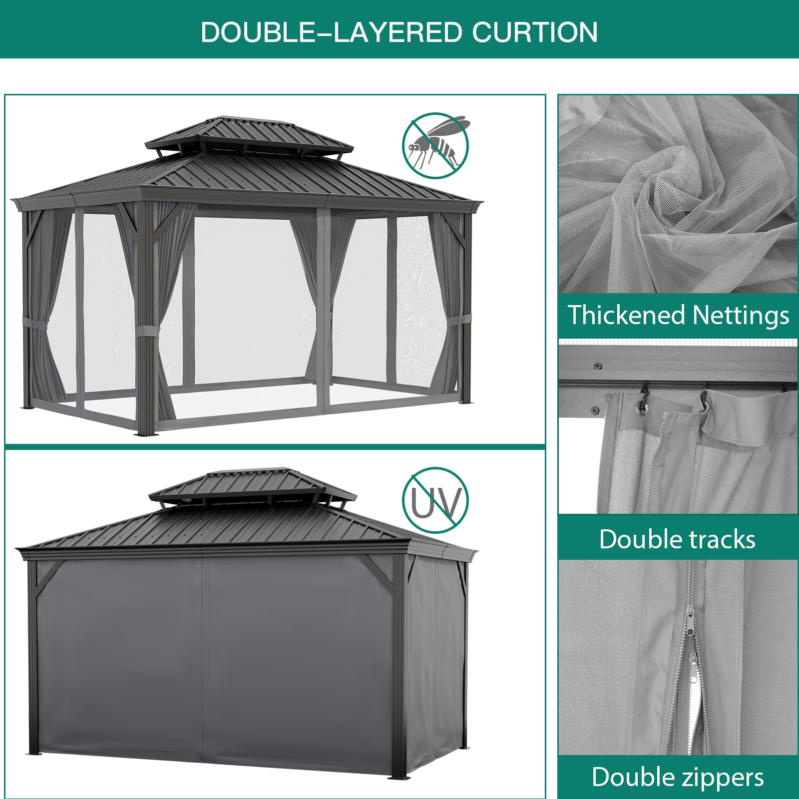 Garvee 12' x 18' Hardtop Gazebo, Double Roof Metal Gazebo with Curtains & Netting, Heavy-Duty Steel Frame Outdoor Pavilion for Patio, Deck, Backyard & Lawn, Gray