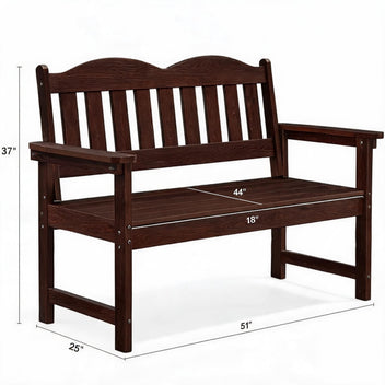Garvee 2-Person Poly Lumber Outdoor Patio Bench, Weather-Resistant Garden Bench with Curved Backrest, Slatted Seat & Wide Armrests, Brown