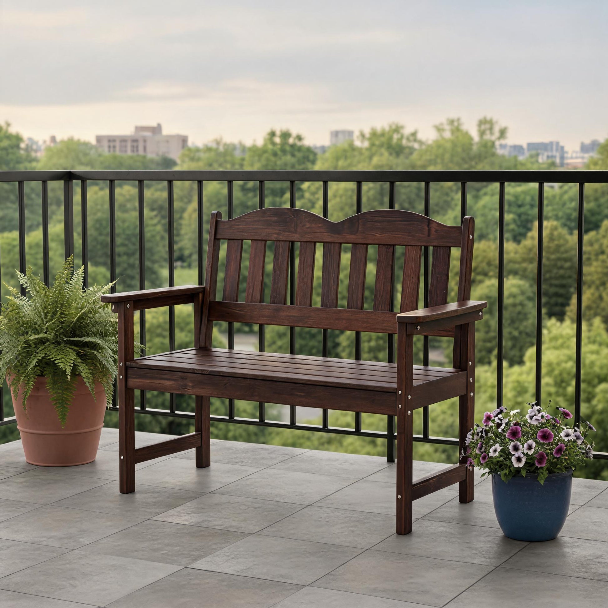 Garvee 2-Person Poly Lumber Outdoor Patio Bench, Weather-Resistant Garden Bench with Curved Backrest, Slatted Seat & Wide Armrests, Brown