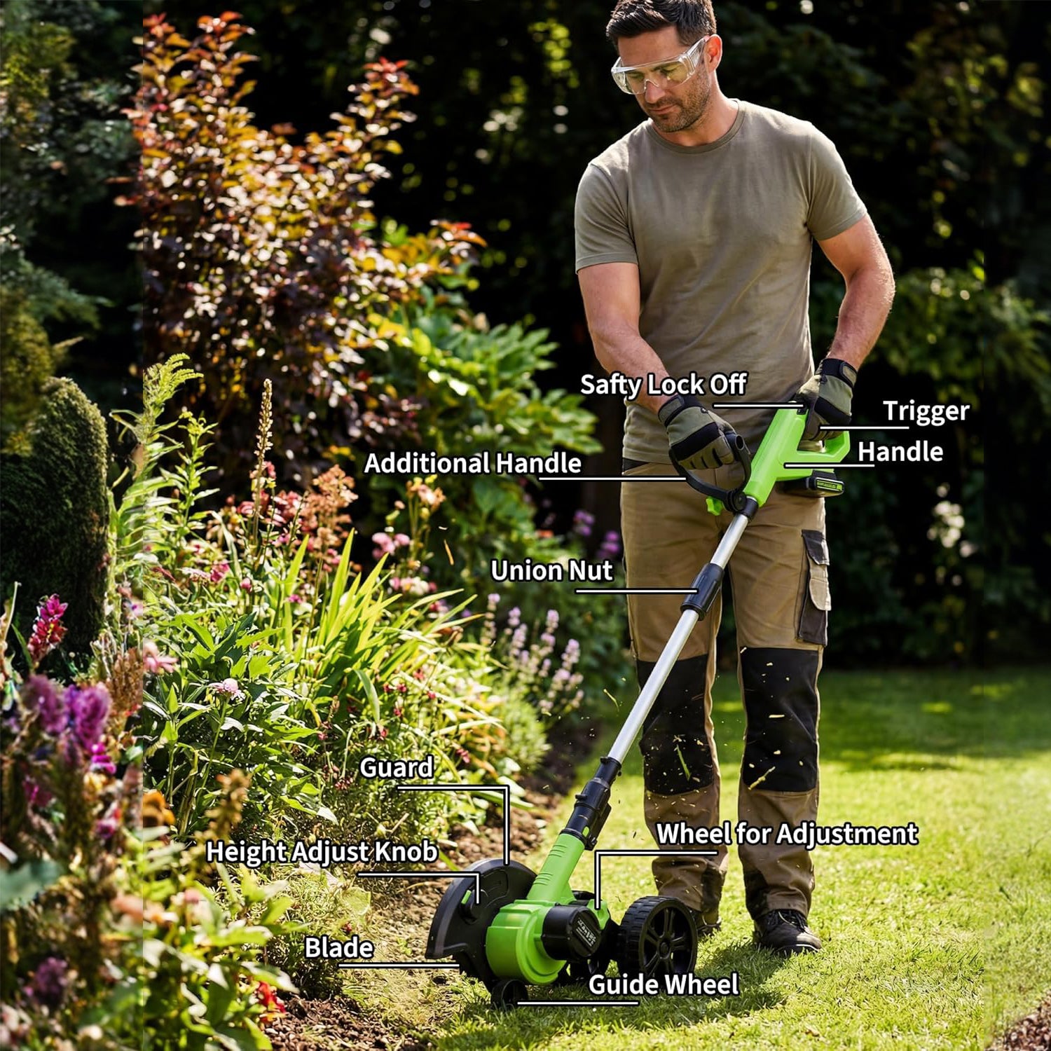 Garvee 20V Cordless Lawn Edger with 4.0Ah Battery, 9-Inch Steel Blade, Dual Wheels & 3-Depth Adjustment for Driveways and Sidewalks