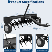 Garvee 40" Tow Behind Plug Aerator, 24 Steel Tines Core Aerator, 150 lb Weight Tray, Heavy-Duty Lawn Aerator with Universal Hitch & Pneumatic Wheels